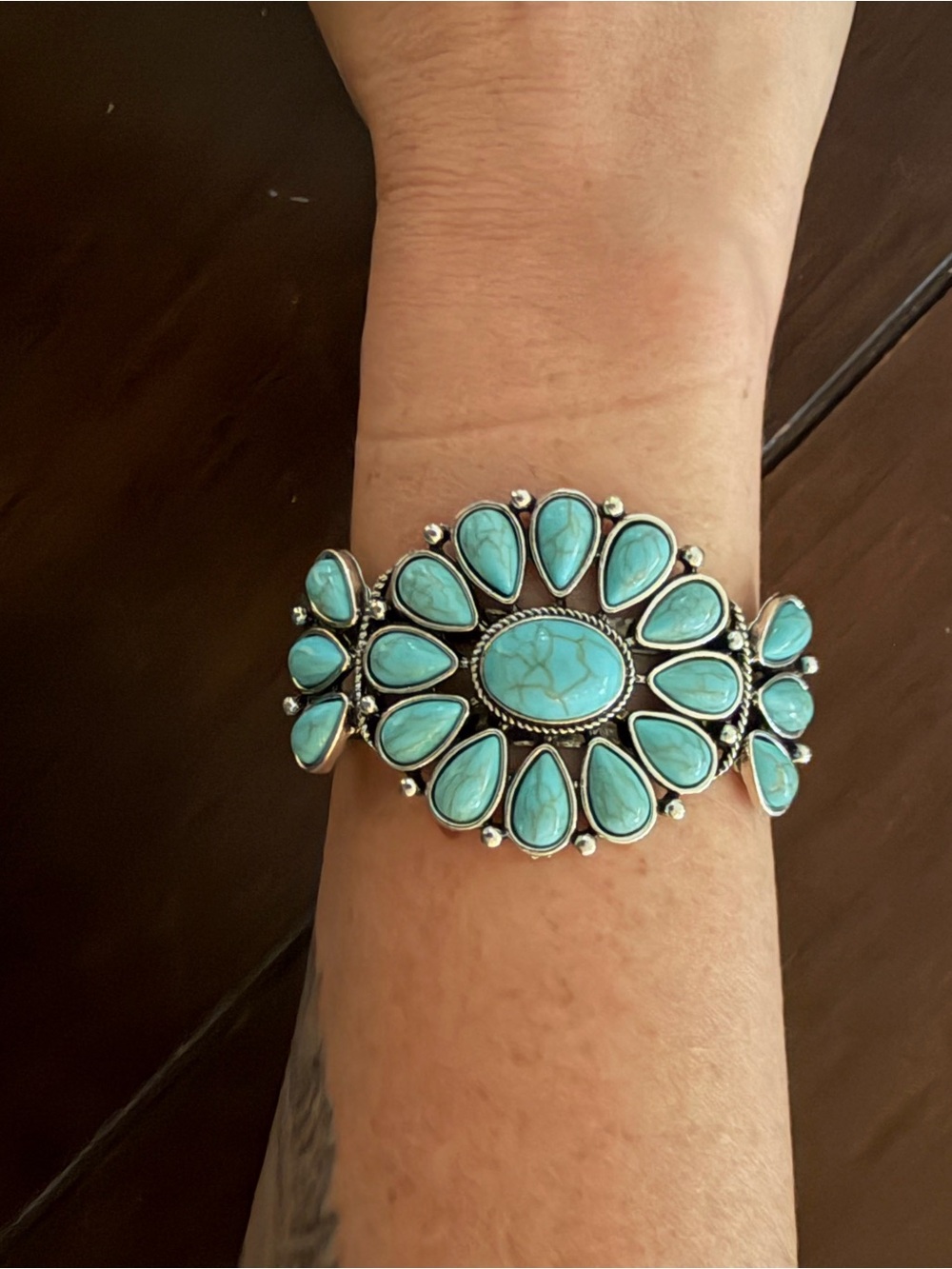 Turquoise Stone Floral Cuff Bracelet - Women's Jewelry